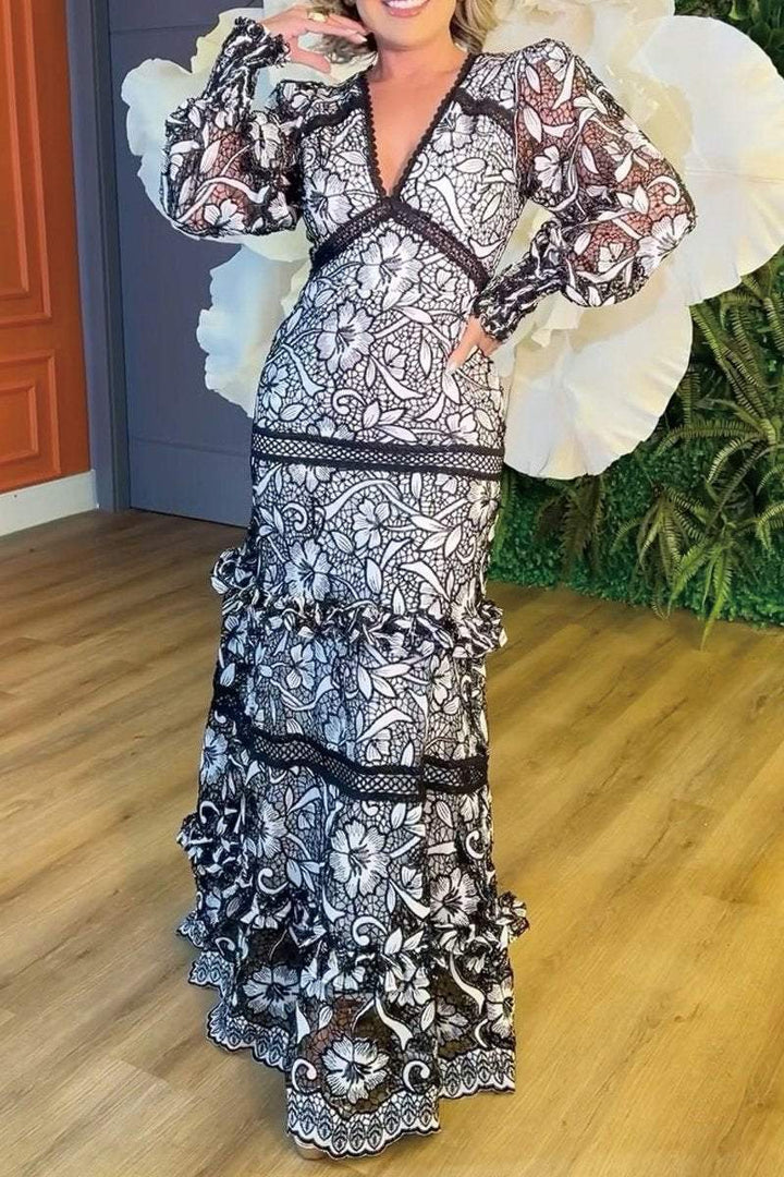 Women's Floral Lace Contrast V-Neck Maxi Dress