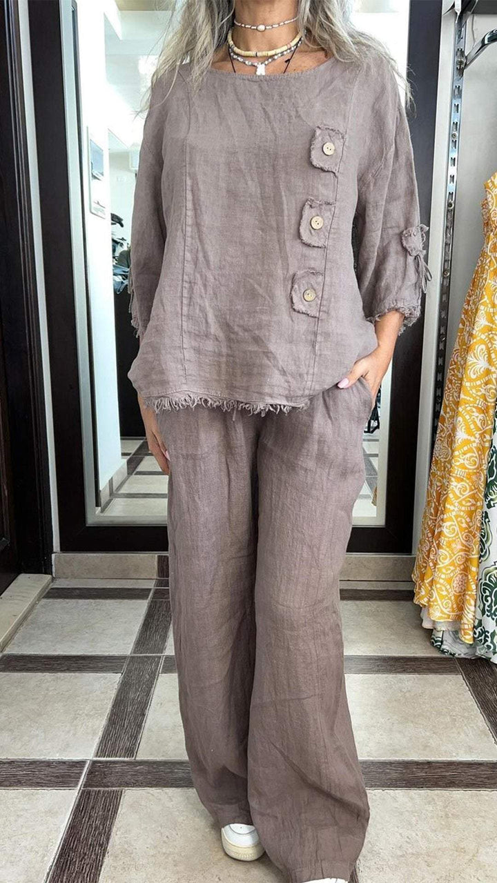Women's Round Neck Mid-sleeve Cotton and Linen Suit