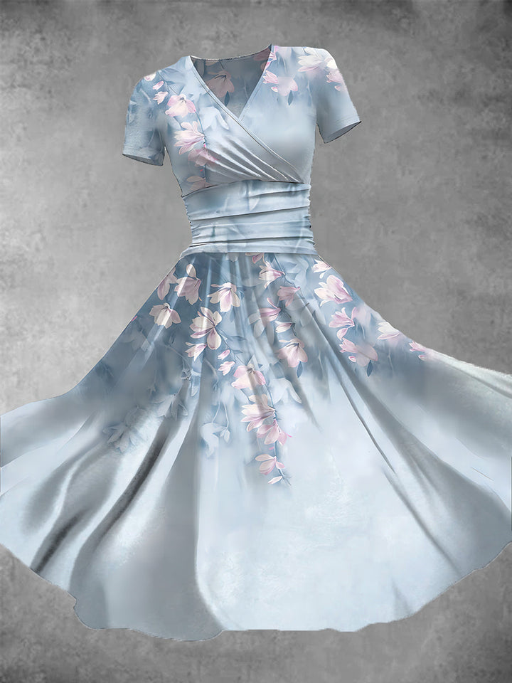 Blue Floral Art Print V-Neck Short Sleeve Retro Midi Dress