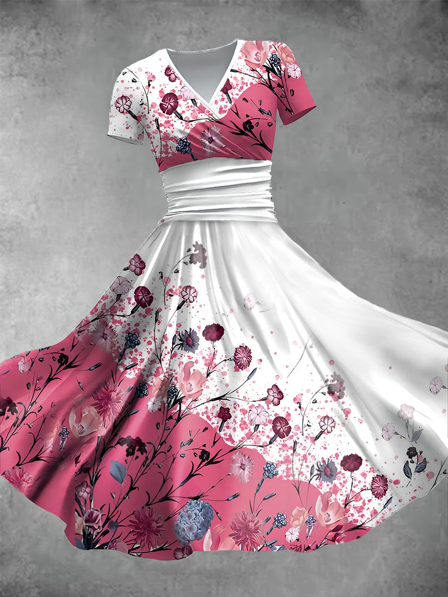 Women's Vintage Floral Art Print V-Neck Midi Dress