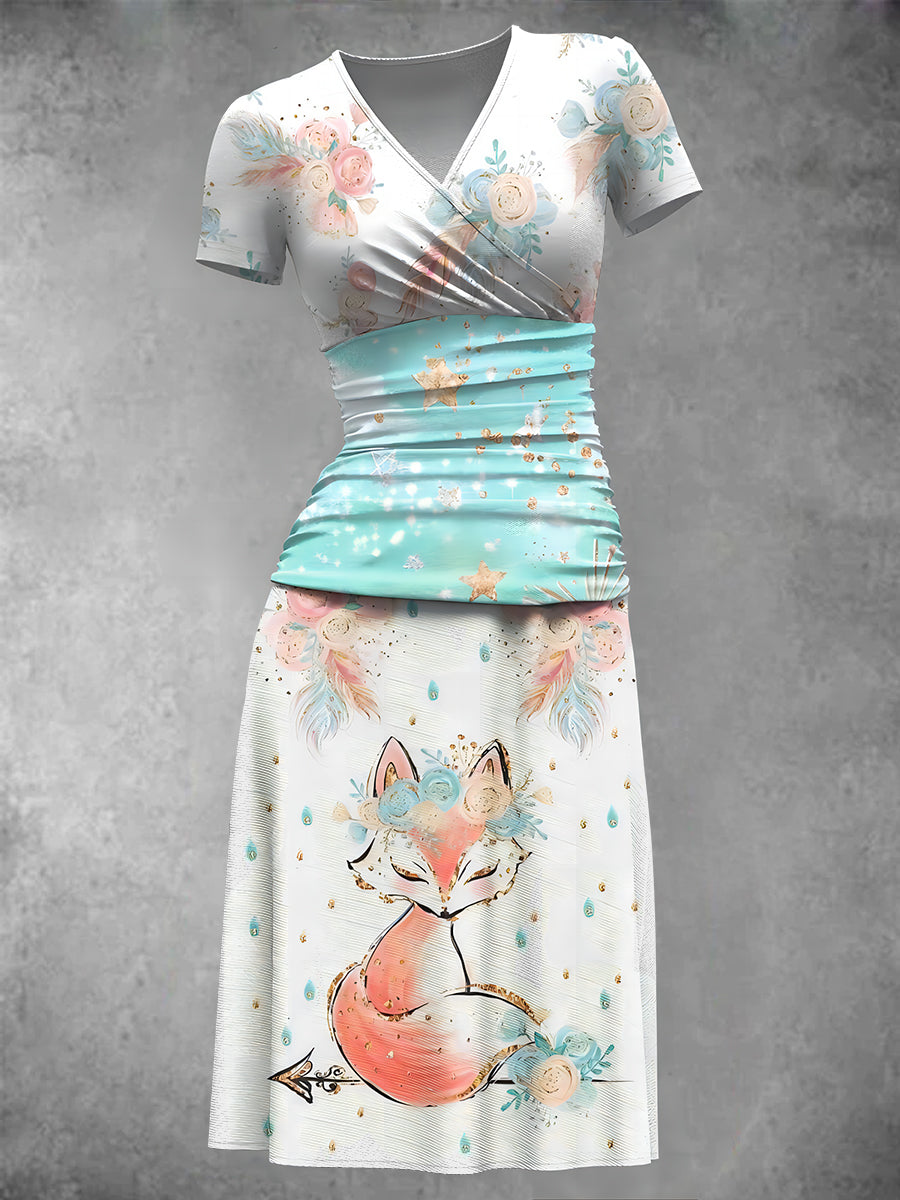 Women's Vintage Fox Art Print V-Neck Midi Dress