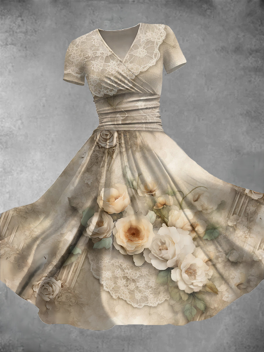 Women's Vintage Lace Floral Print V-Neck Midi Dress