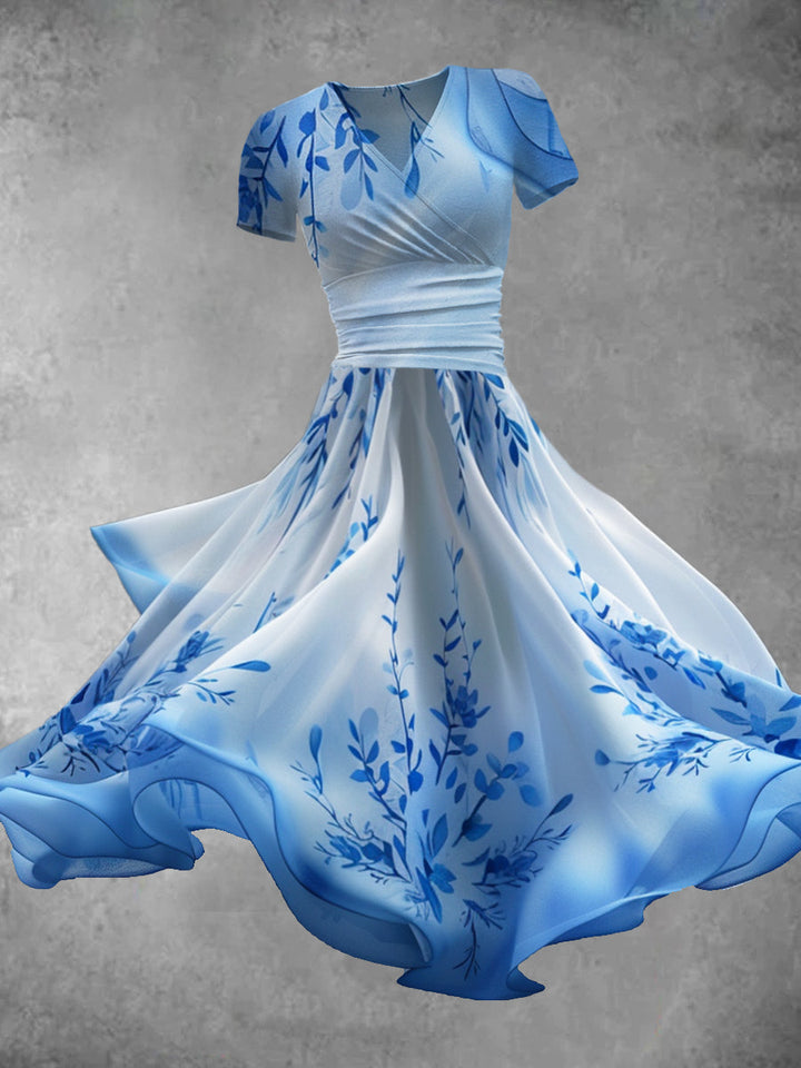 Blue Floral Art Print Retro Long Sleeve Flowy Midi Dress
